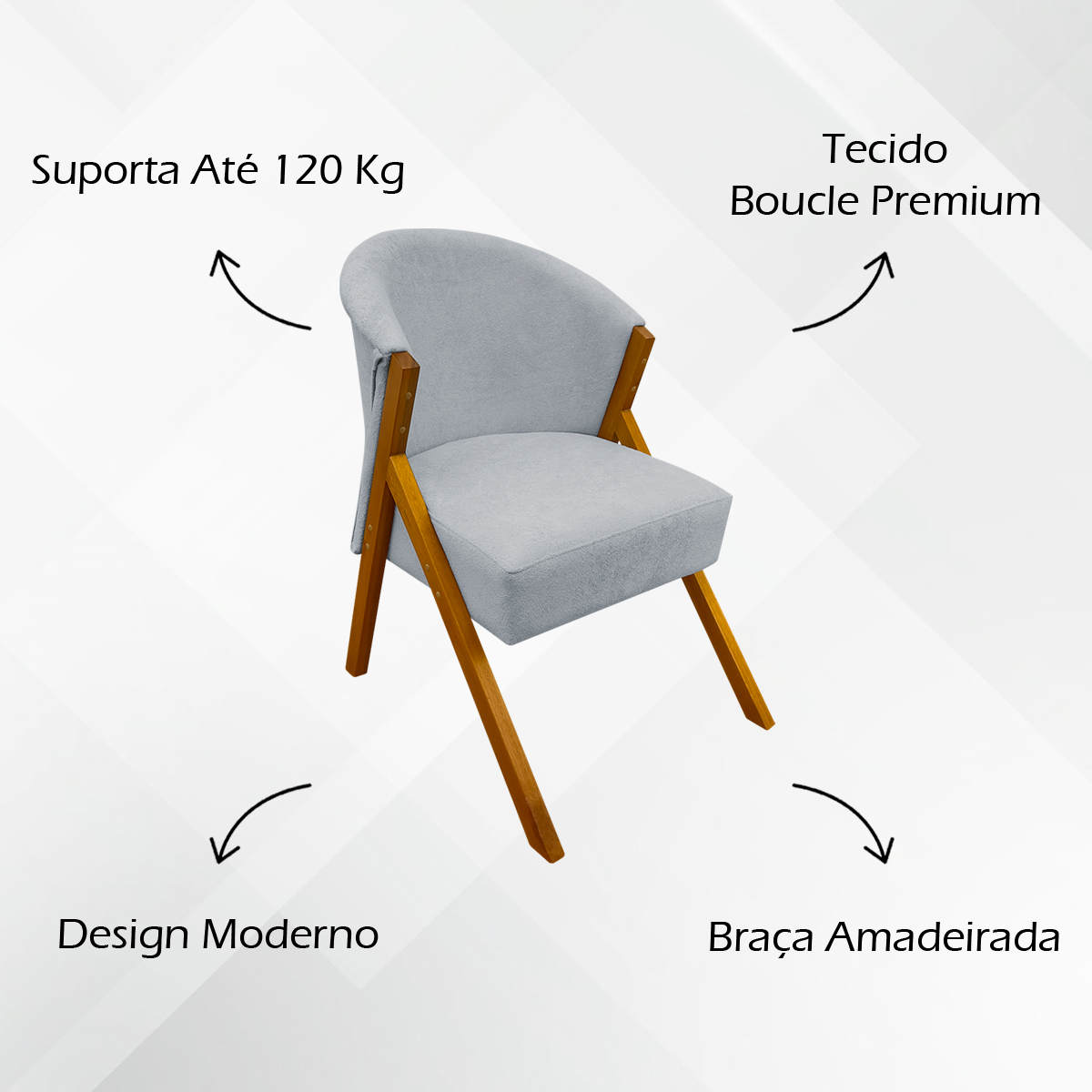 Poltrona Decorativa Para Sala Recepção You Bouclé Premium Cinza Braça Amadeirada