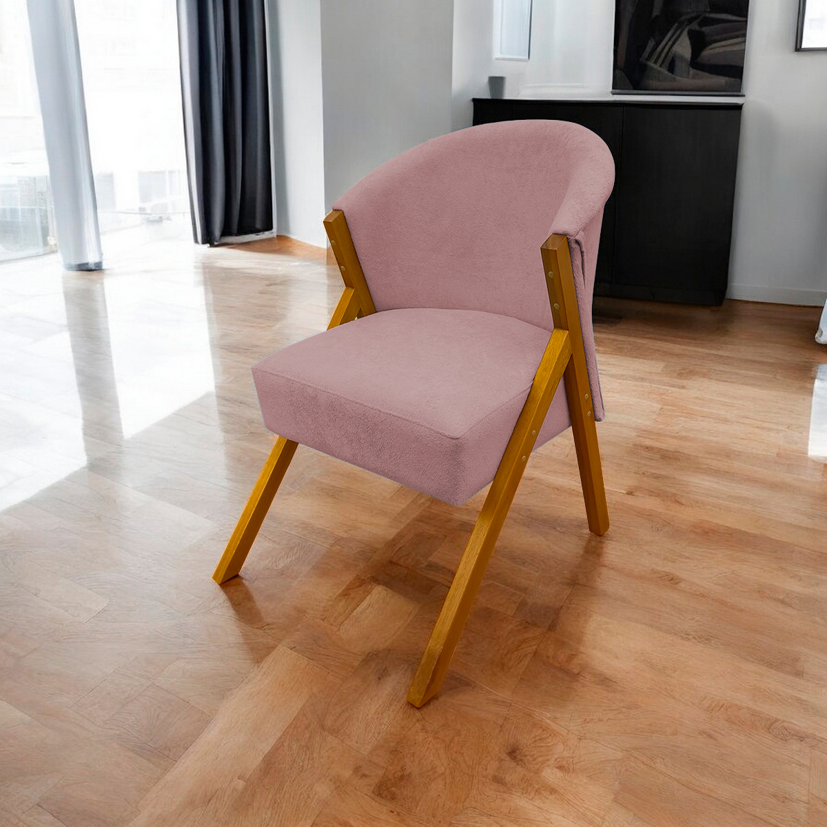 Poltrona Decorativa Para Sala Recepção You Bouclé Premium Rosê Braça Amadeirada