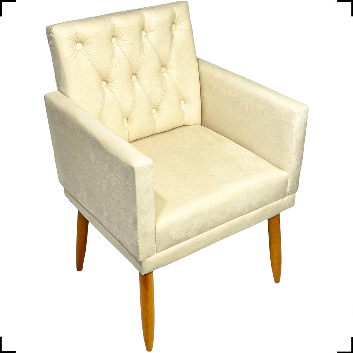 Poltrona Decorativa Para Sala, Escritório, Nina Com Base E Capitonê Suede Bege Pé Castanho - Clique E Decore
