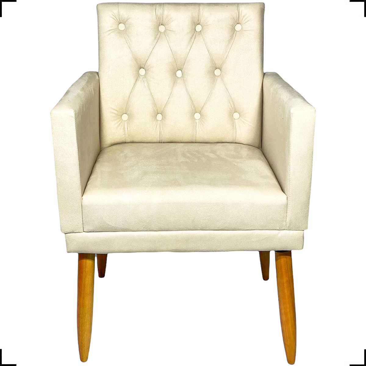 Poltrona Decorativa Para Sala, Escritório, Nina Com Base E Capitonê Suede Bege Pé Castanho - Clique E Decore