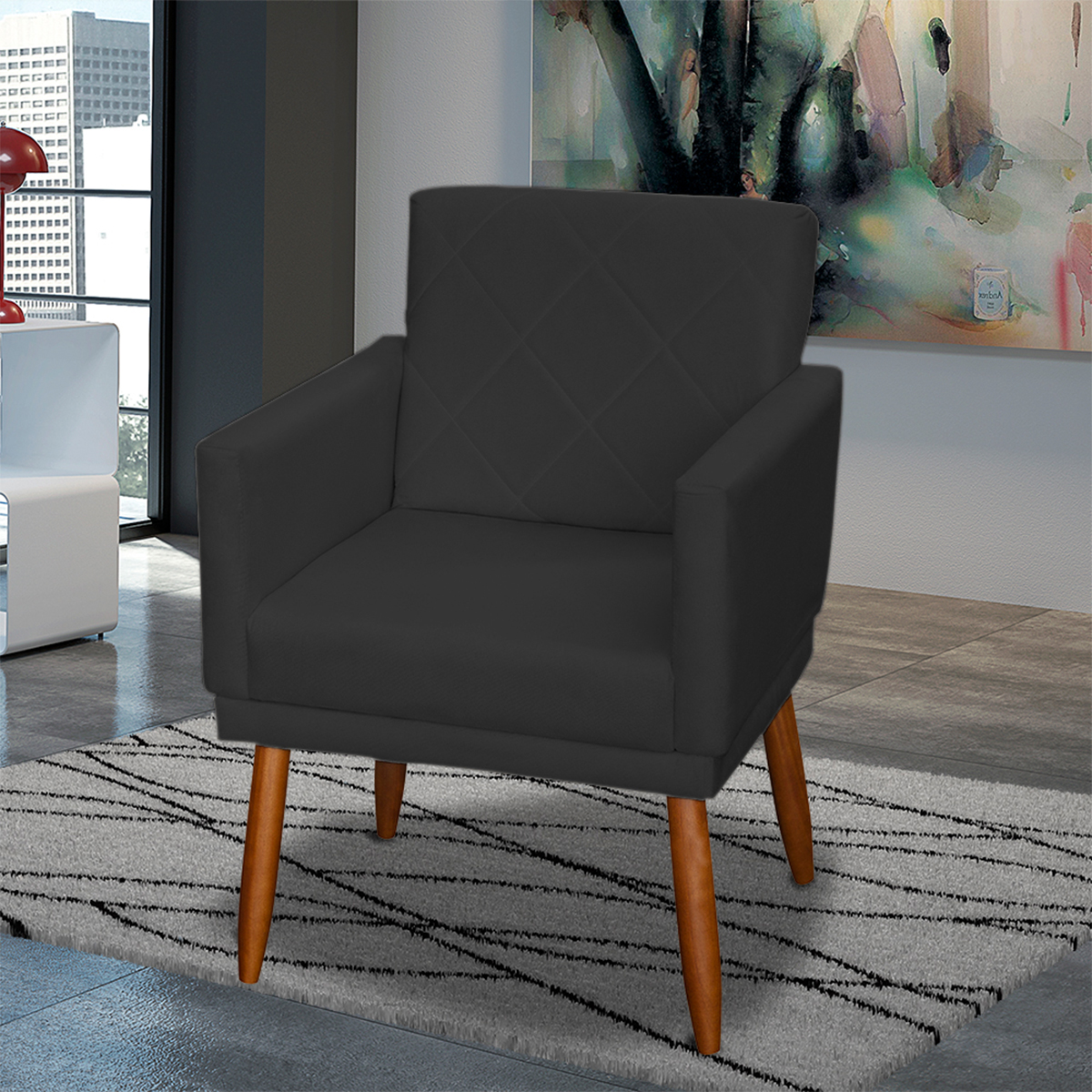 Poltrona Decorativa Para Sala, Escritório, Recepção Beatriz Com Base Suede Preto Pé Castanho - Clique E Decore