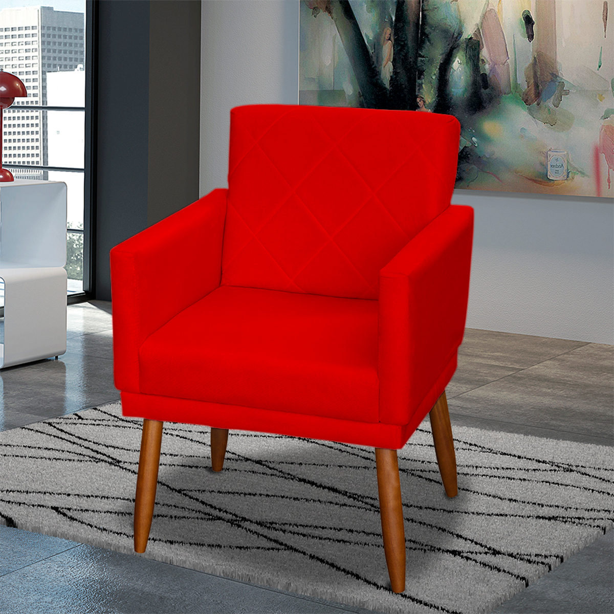 Poltrona Decorativa Para Sala, Escritório, Recepção Beatriz Com Base Suede Vermelho Pé Castanho - Clique E Decore