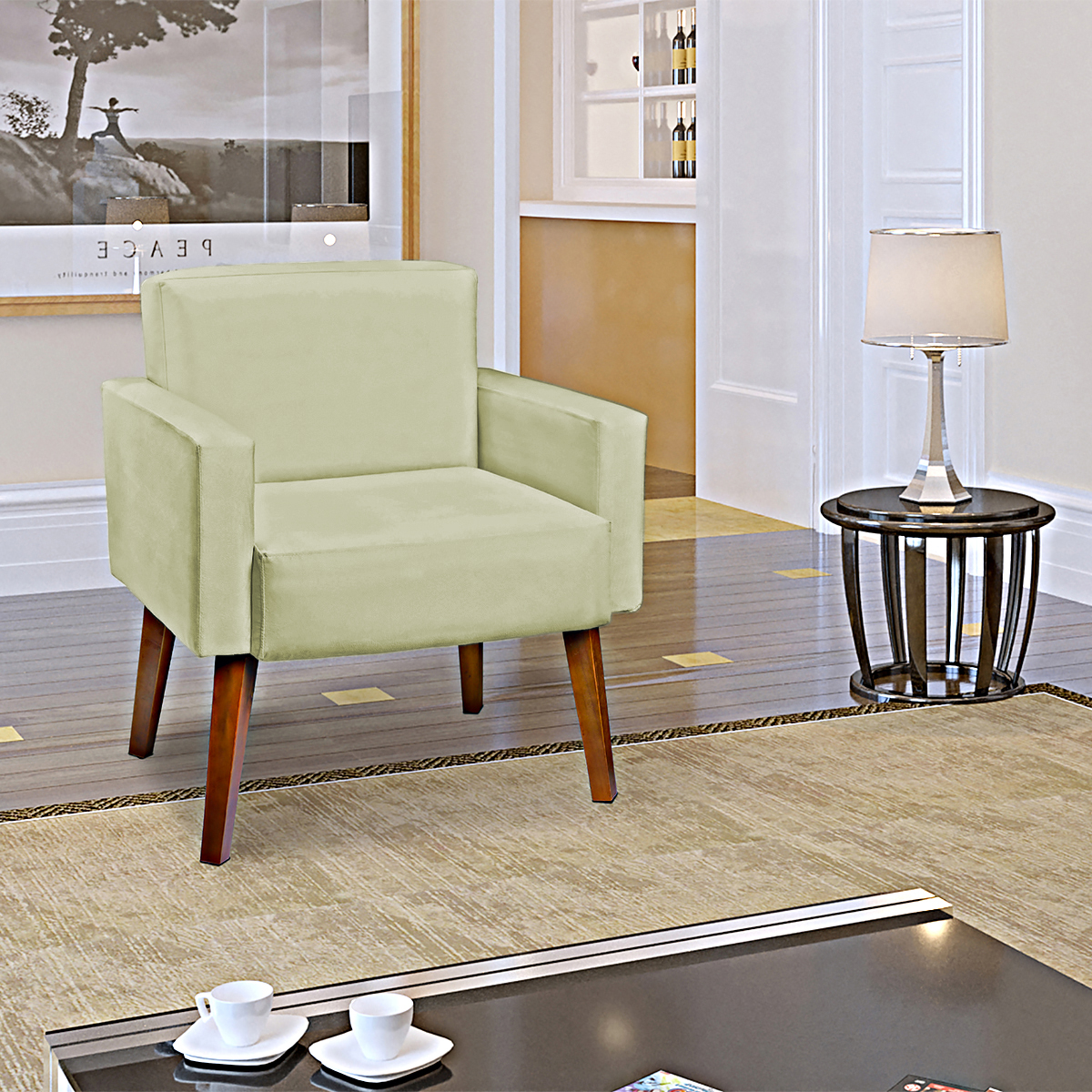 Poltrona Decorativa Para Sala, Escritório, Recepção Hope Suede Bege Pé Castanho - Clique E Decore