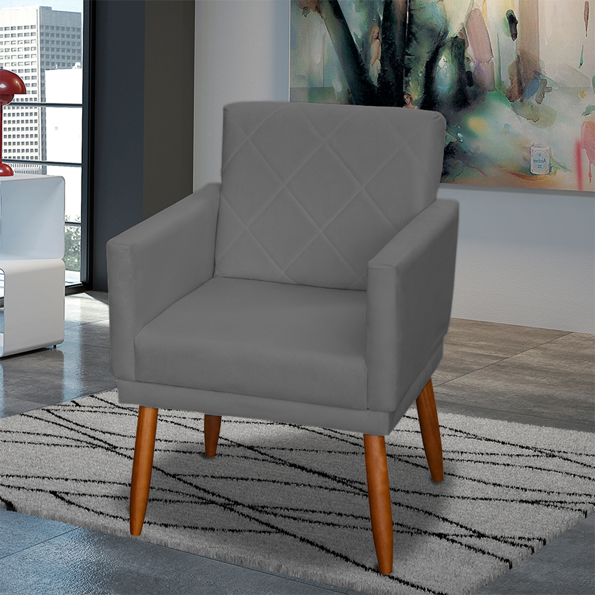 Poltrona Decorativa Para Sala, Escritório, Recepção Para Sala Decorativa Beatriz Com Base Suede Cinza Pé Castanho - Clique E Decore