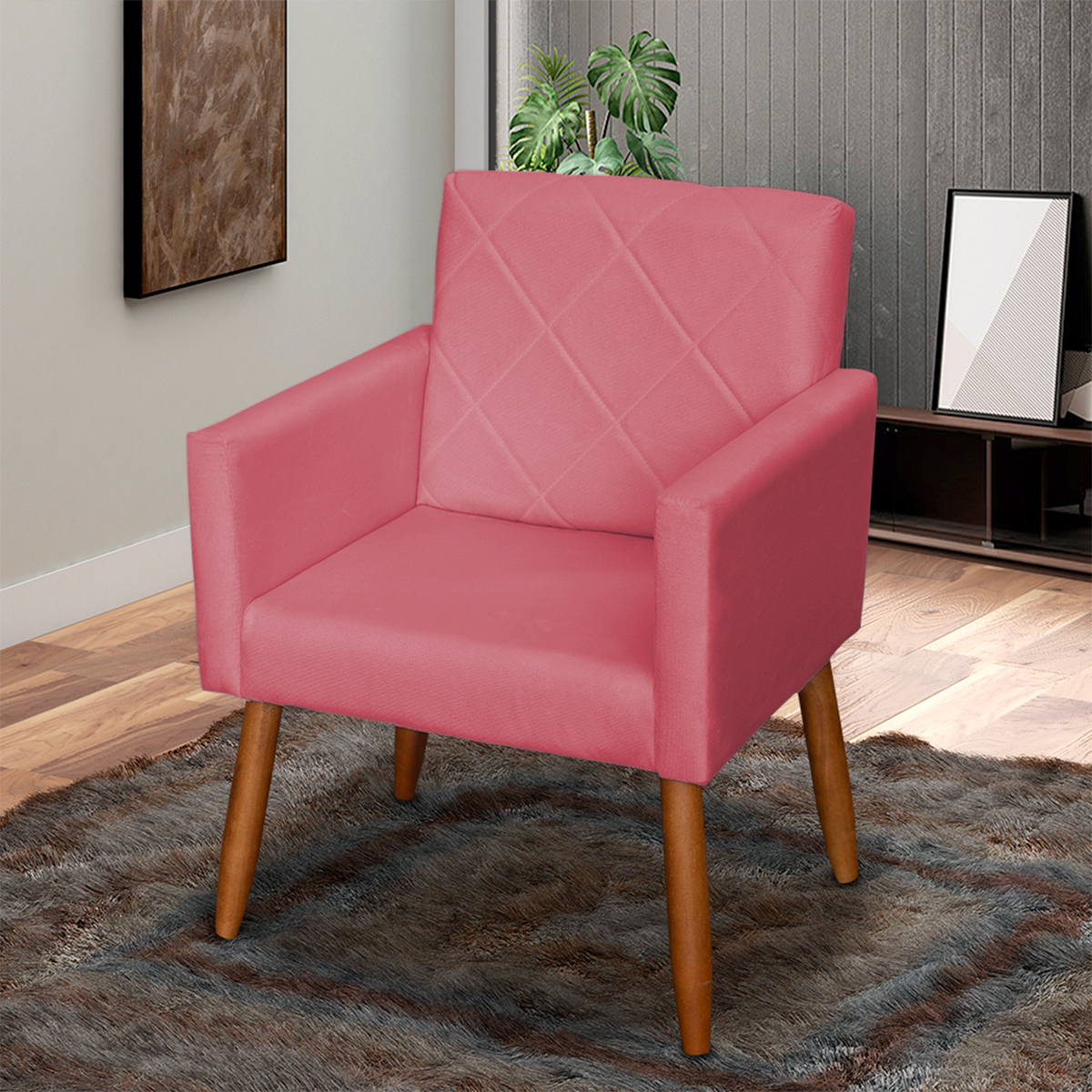 Poltrona Decorativa Para Sala, Quarto, Manicure Beatriz Suede Rosê Pé Castanho - Clique E Decore