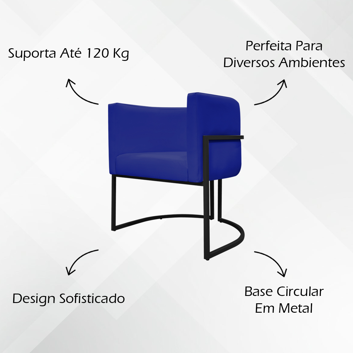 Poltrona Decorativa Recepção Luna Tecido Sintético Azul Royal Base de Ferro Preto