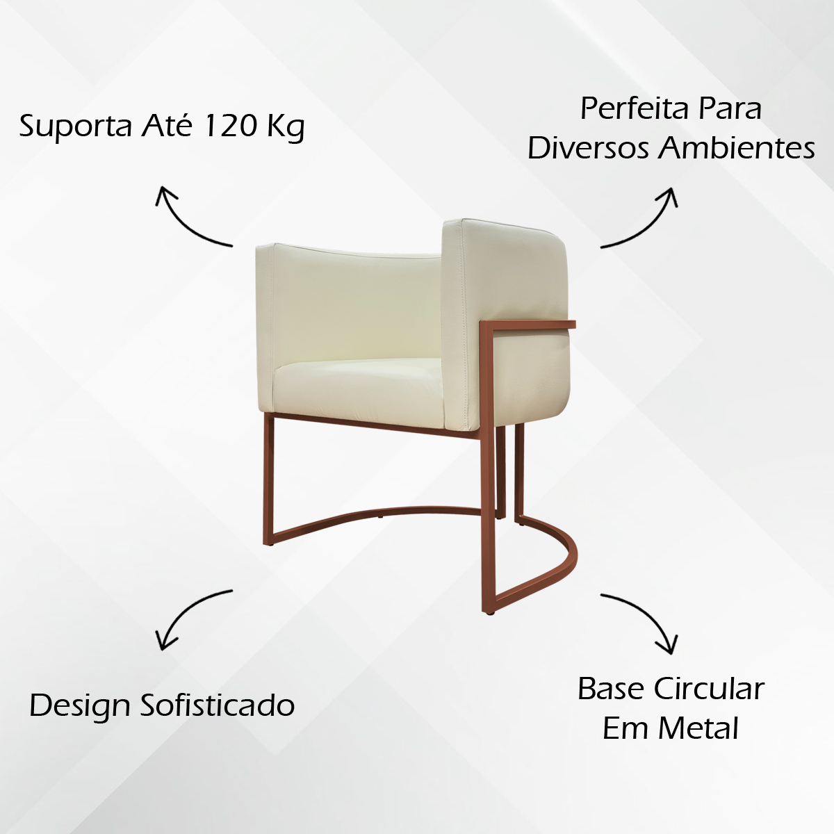 Poltrona Decorativa Recepção Luna Tecido Sintético Bege Base de Ferro Bronze