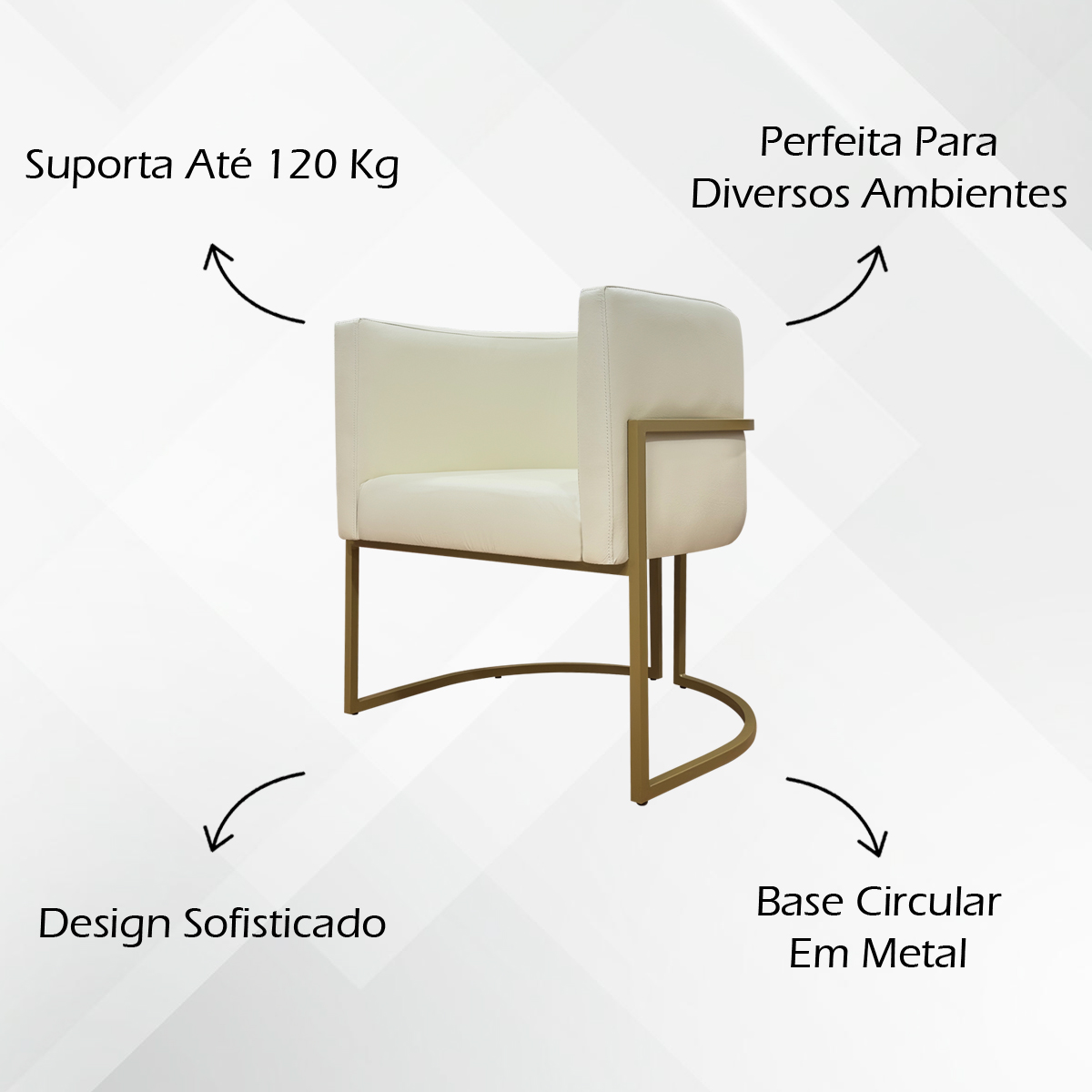 Poltrona Decorativa Recepção Luna Tecido Sintético Bege Base de Ferro Dourada