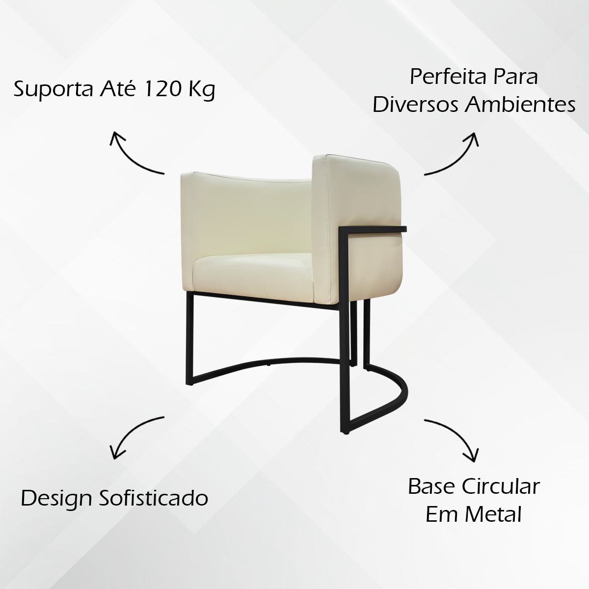 Poltrona Decorativa Recepção Luna Tecido Sintético Bege Base de Ferro Preta
