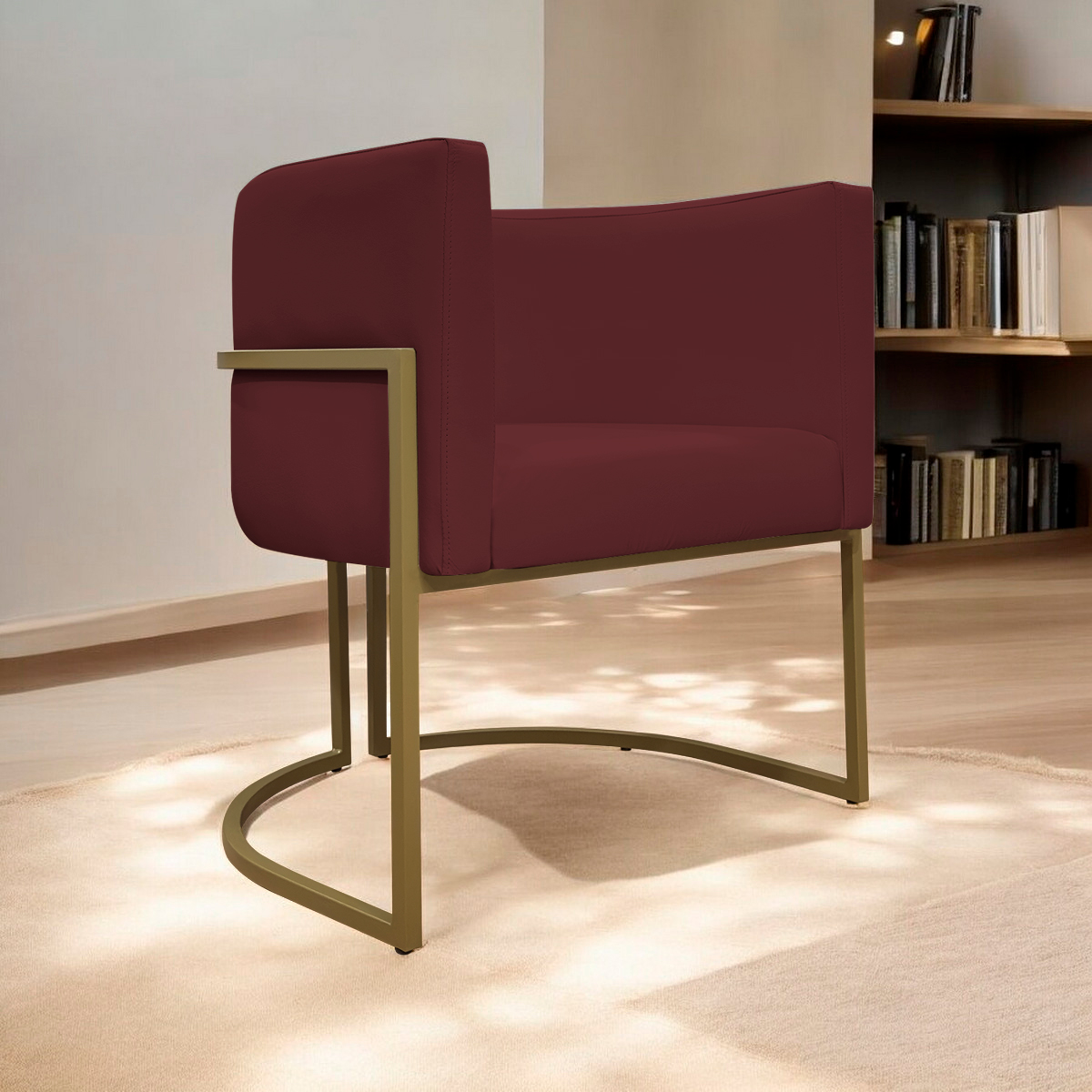 Poltrona Decorativa Recepção Luna Tecido Sintético Bordo Base de Ferro Dourada