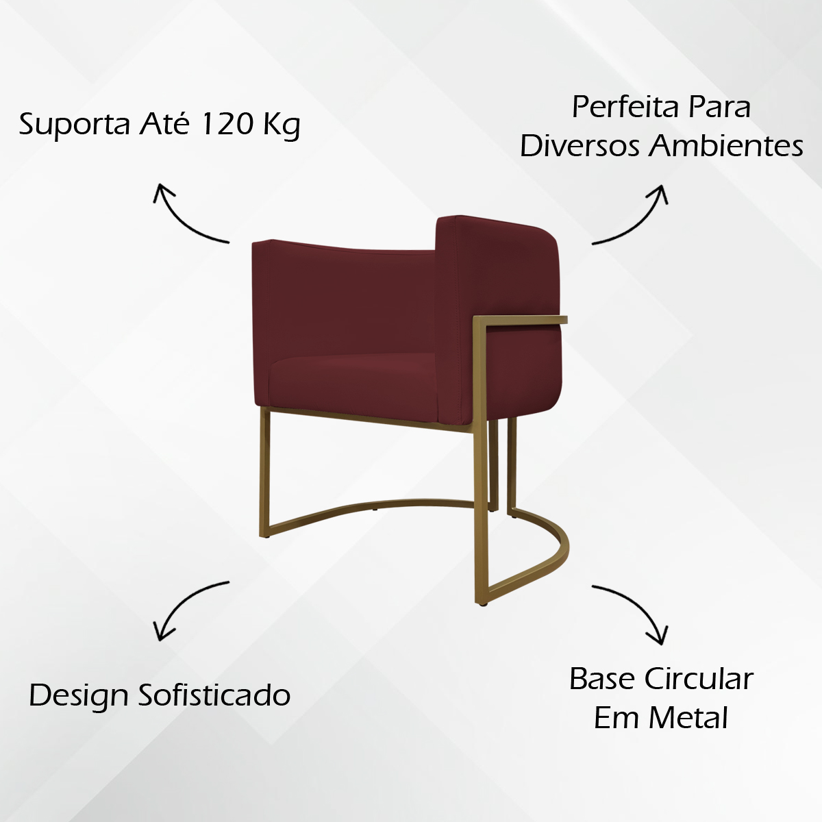 Poltrona Decorativa Recepção Luna Tecido Sintético Bordo Base de Ferro Dourada