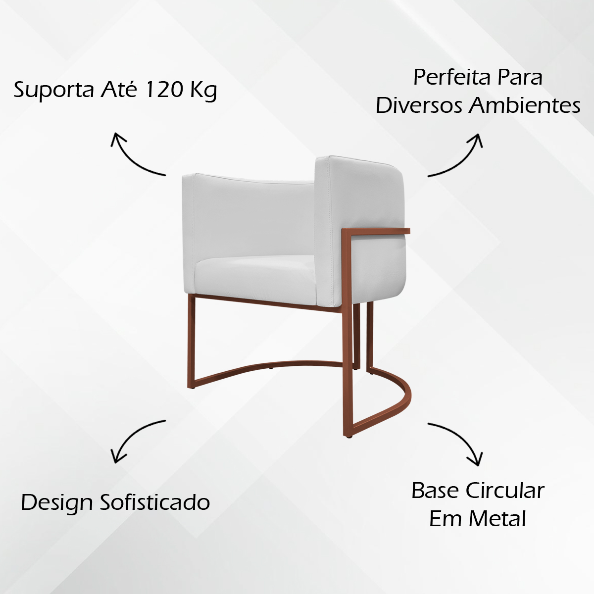 Poltrona Decorativa Recepção Luna Tecido Sintético Branco Base de Ferro Bronze
