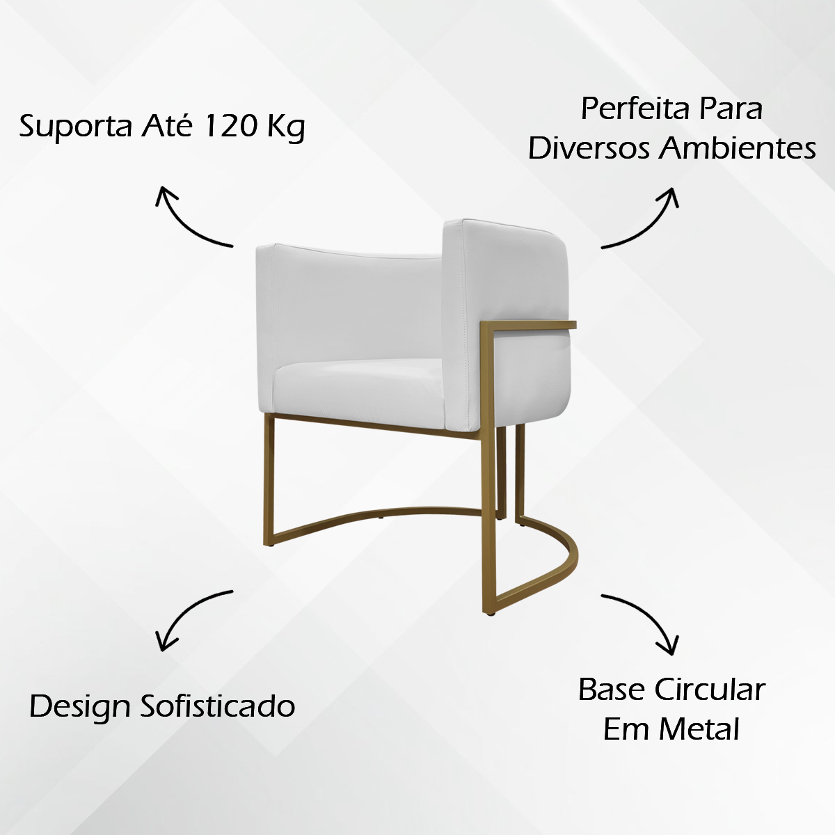 Poltrona Decorativa Recepção Luna Tecido Sintético Branco Base de Ferro Dourada