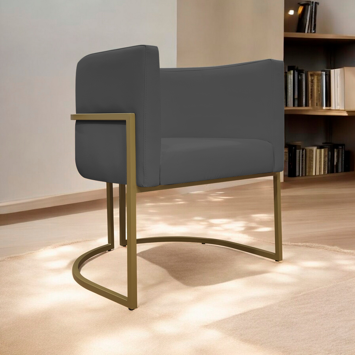 Poltrona Decorativa Recepção Luna Tecido Sintético Cinza Base de Ferro Dourada
