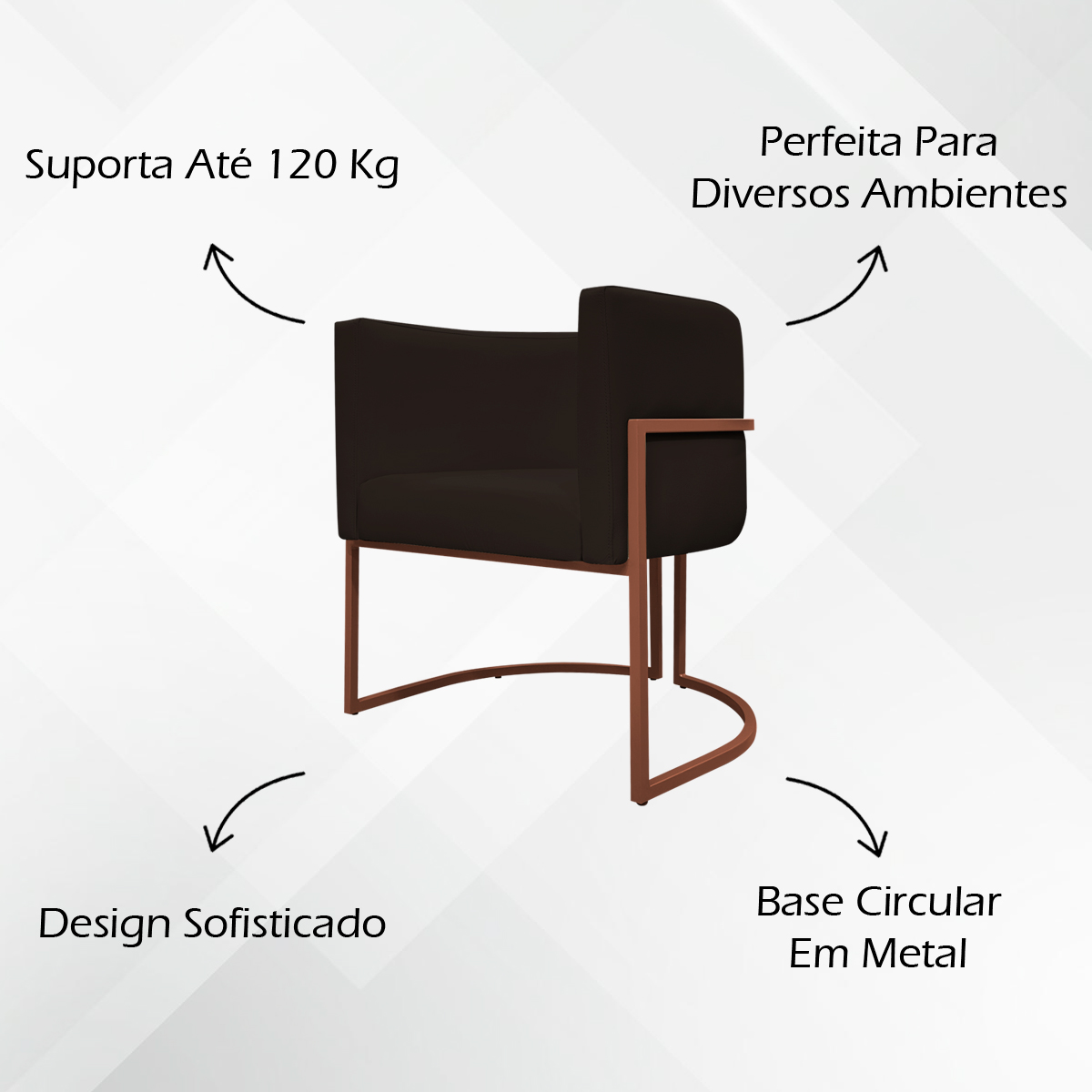 Poltrona Decorativa Recepção Luna Tecido Sintético Marrom Base de Ferro Bronze