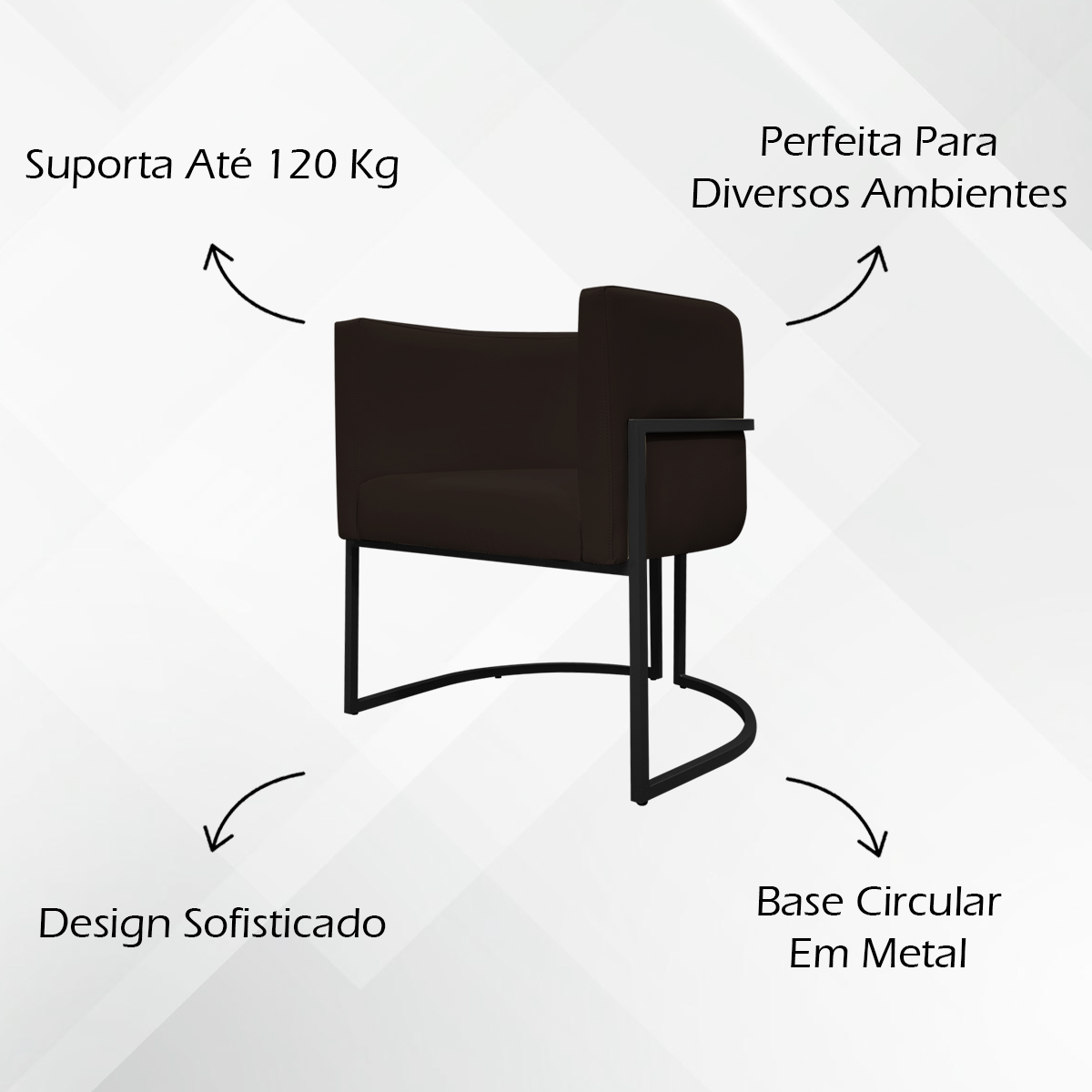 Poltrona Decorativa Recepção Luna Tecido Sintético Marrom Base de Ferro Preta