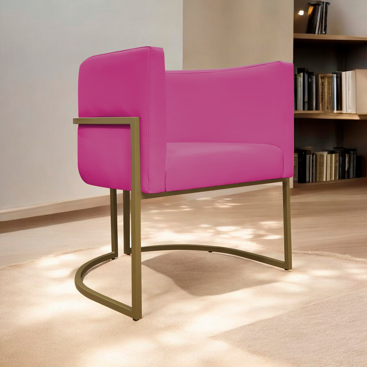 Poltrona Decorativa Recepção Luna Tecido Sintético Pink Base de Ferro Dourada
