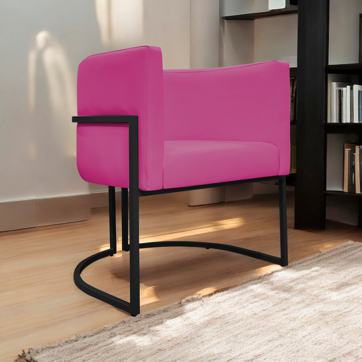 Poltrona Decorativa Recepção Luna Tecido Sintético Pink Base de Ferro Preta