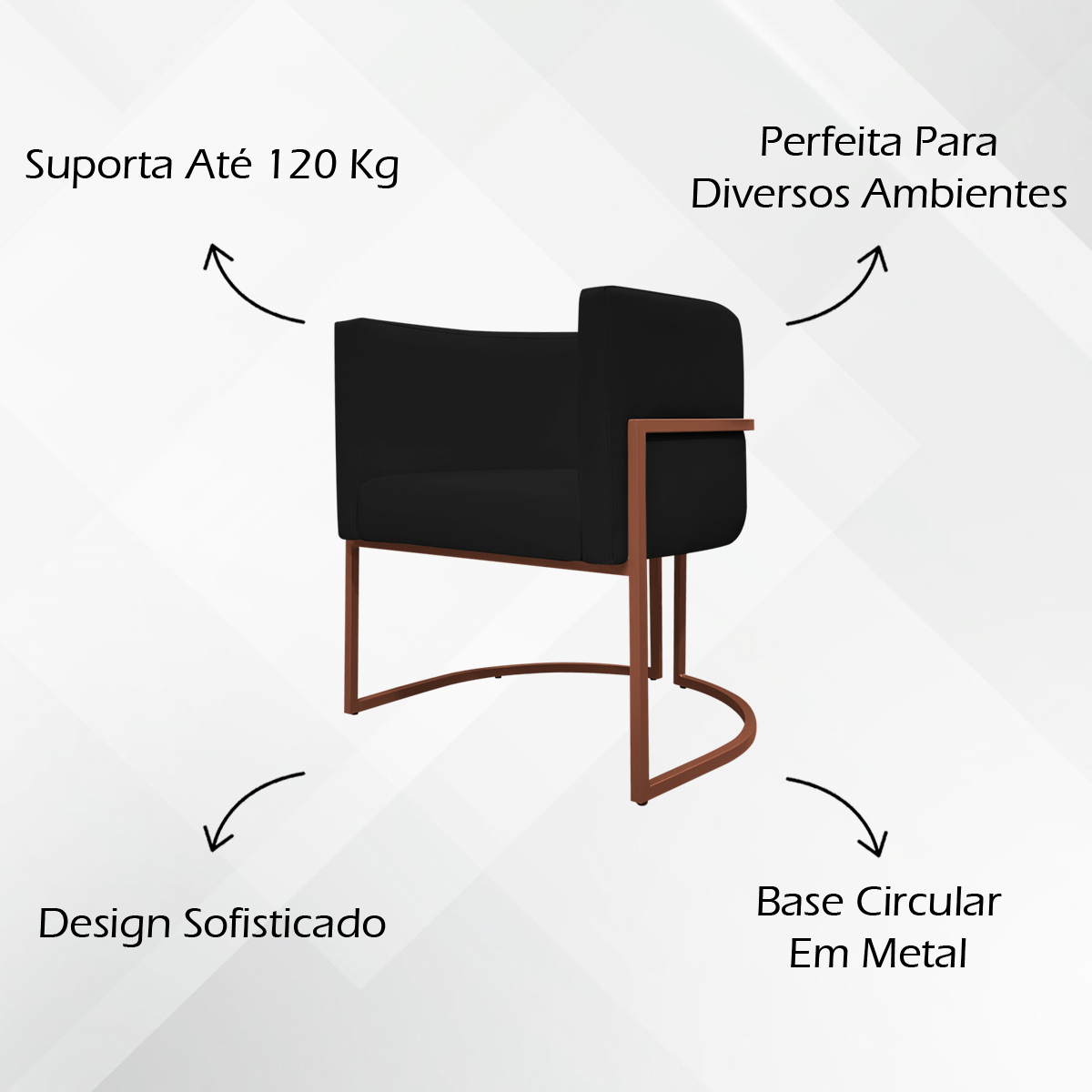 Poltrona Decorativa Recepção Luna Tecido Sintético Preto Base de Ferro Bronze