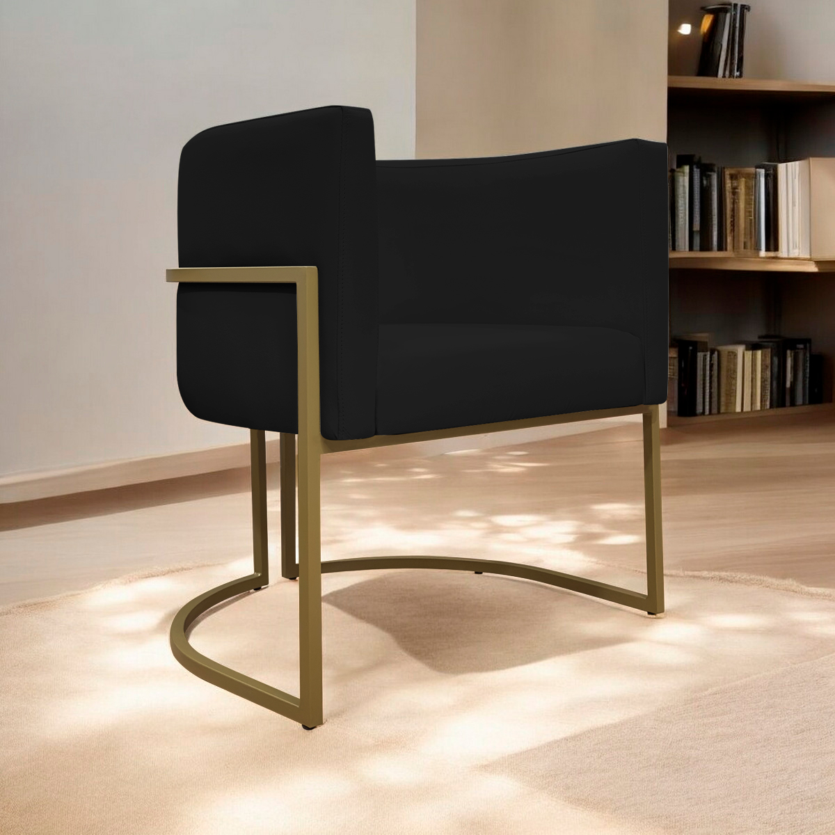 Poltrona Decorativa Recepção Luna Tecido Sintético Preto Base de Ferro Dourada
