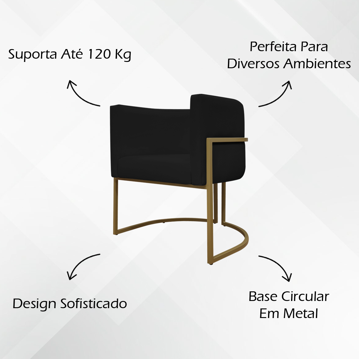 Poltrona Decorativa Recepção Luna Tecido Sintético Preto Base de Ferro Dourada