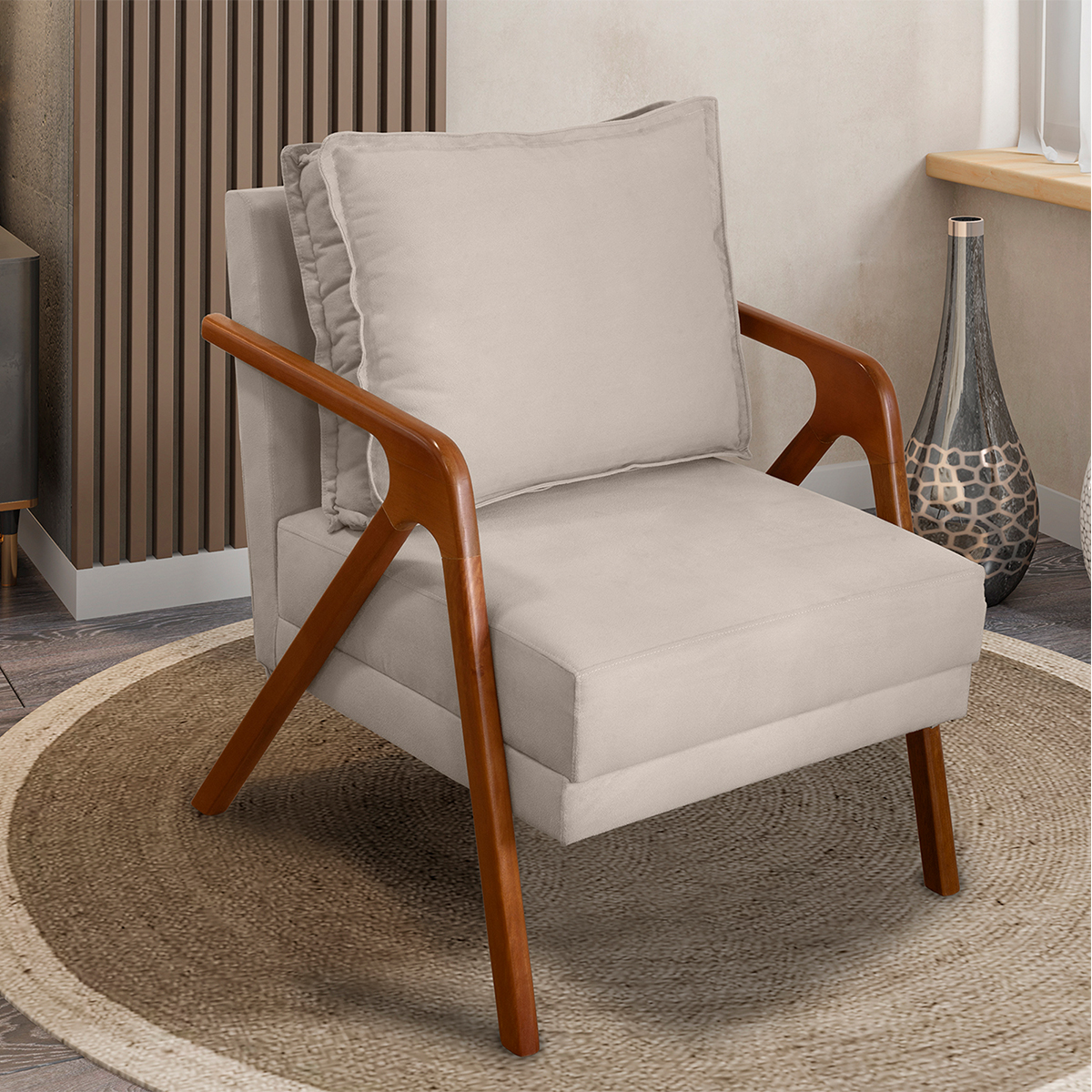 Poltrona Decorativa Reforçada Para Sala Shine Suede Bege Pé Castanho - Clique E Decore