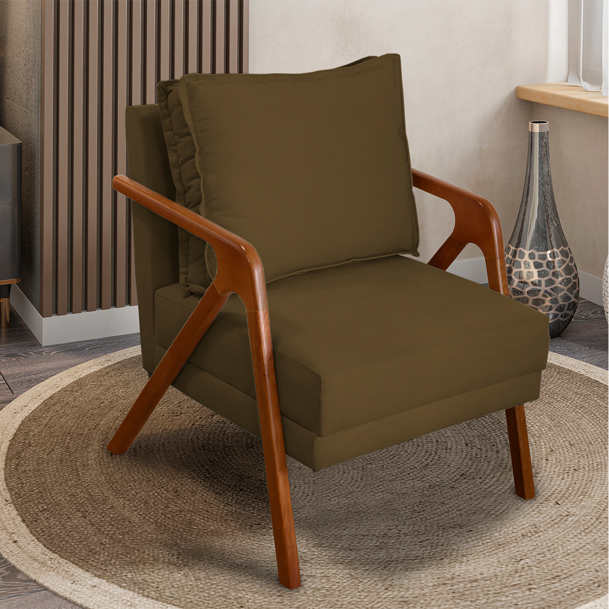 Poltrona Decorativa Reforçada Para Sala Shine Suede Marrom Pé Castanho - Clique E Decore