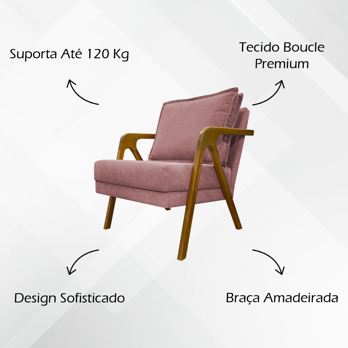 Poltrona Decorativa Shine Reforçada Confortável Bouclé Premium Rose