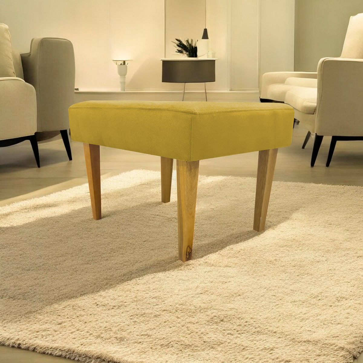 Puff Decorativo Para Sala Charme Suede Amarelo Pé Castanho - Clique E Decore