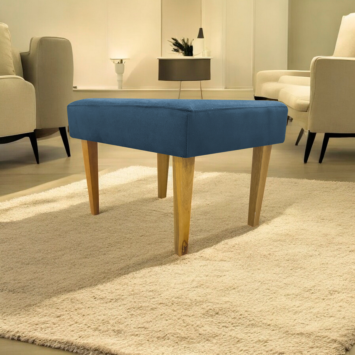 Puff Decorativo Para Sala Charme Suede Azul Marinho Pé Castanho - Clique E Decore