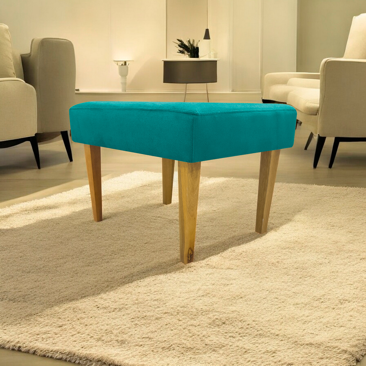 Puff Decorativo Para Sala Charme Suede Azul Turquesa Pé Castanho - Clique E Decore