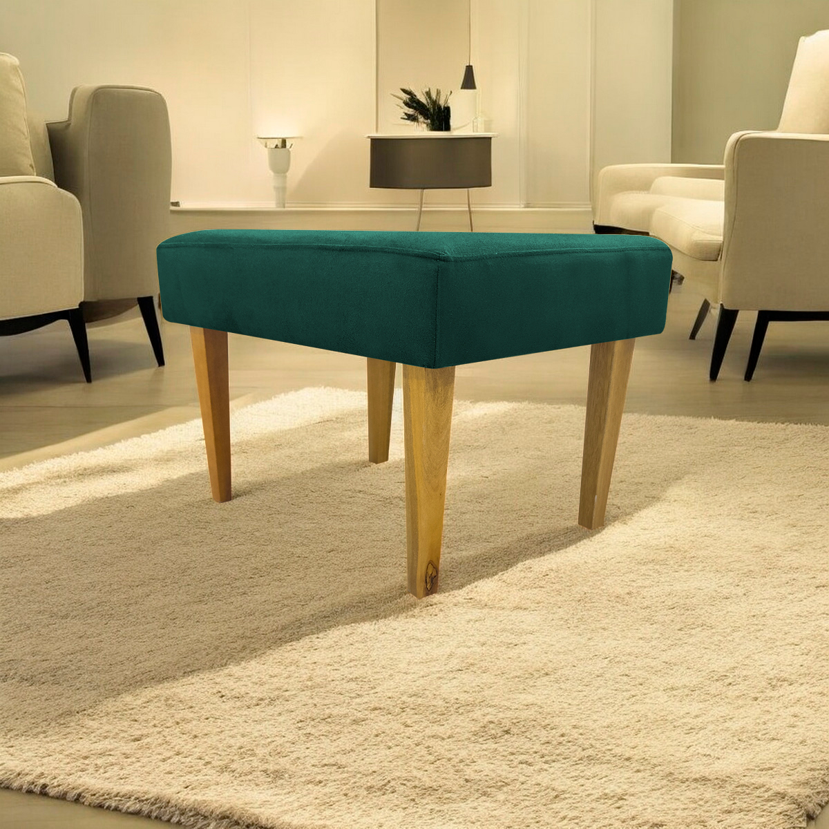 Puff Decorativo Para Sala Charme Suede Verde Pé Castanho - Clique E Decore