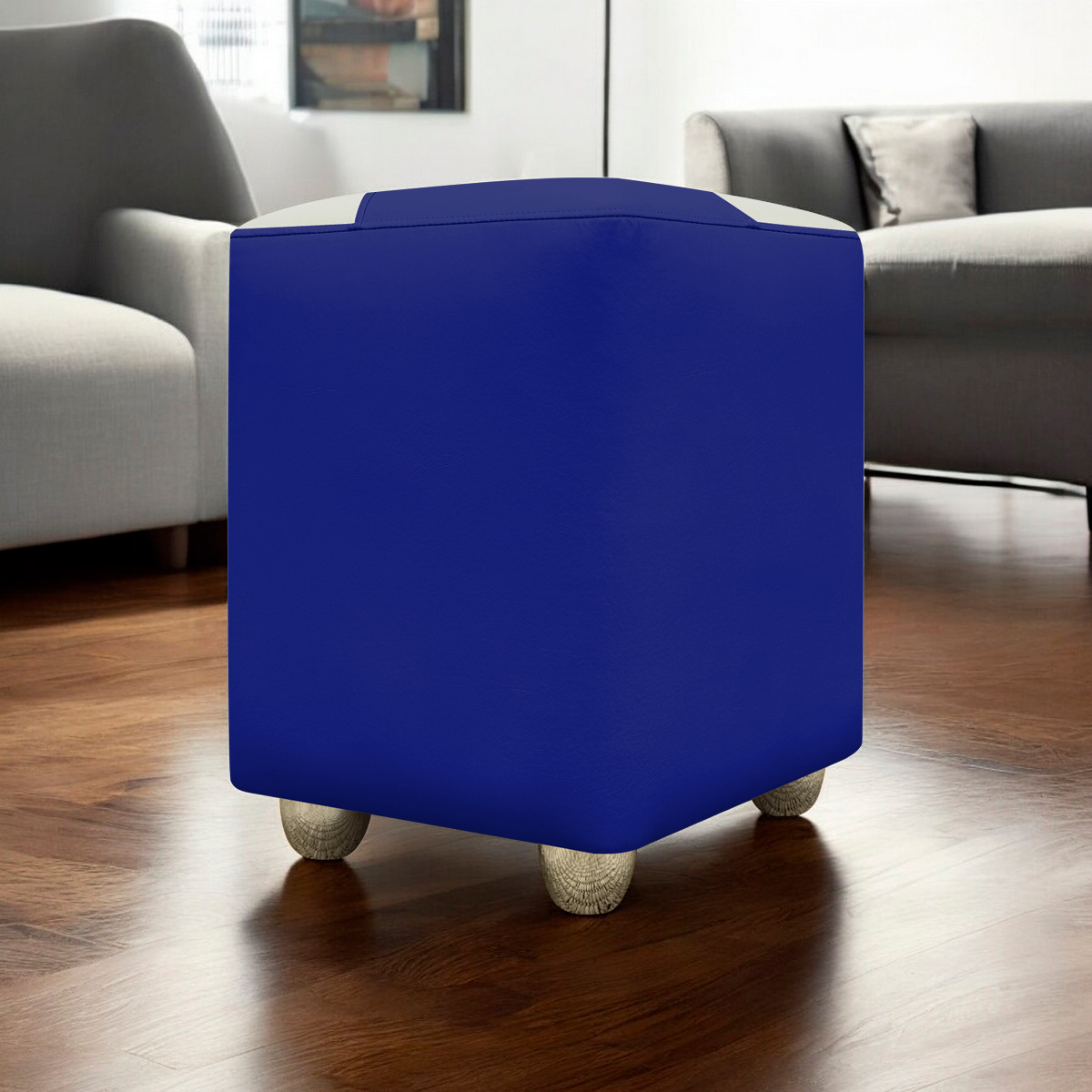Puff Decorativo Quadrado Para Sala Penteadeira Urban Tecido Corino Azul Royal e Bege