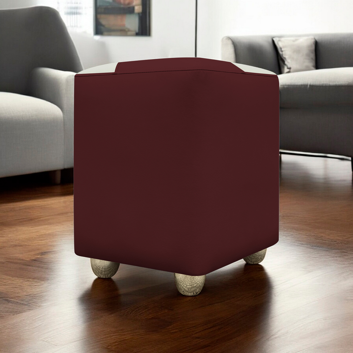 Puff Decorativo Quadrado Para Sala Penteadeira Urban Tecido Corino Bordô e Bege