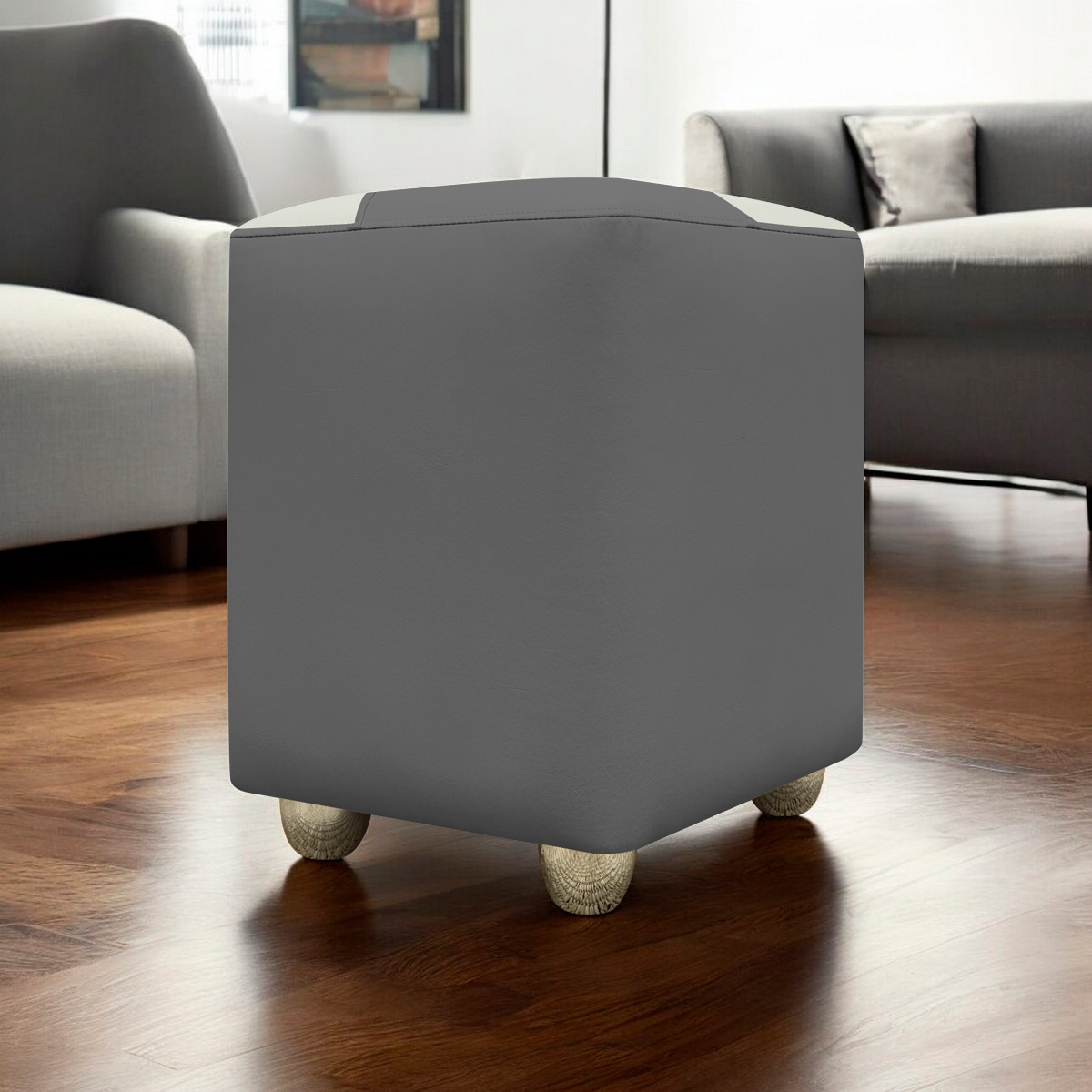 Puff Decorativo Quadrado Para Sala Penteadeira Urban Tecido Corino Cinza e Bege