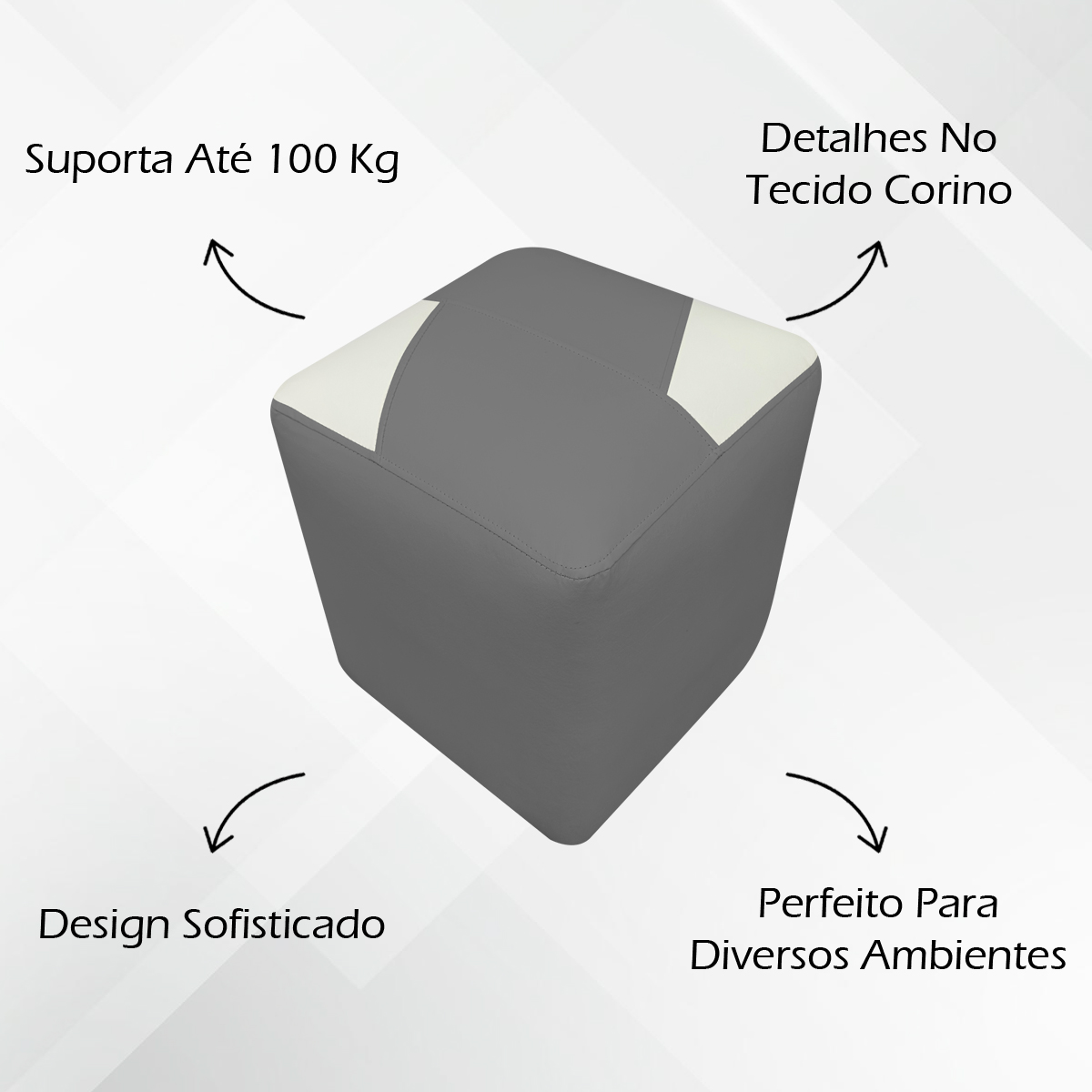 Puff Decorativo Quadrado Para Sala Penteadeira Urban Tecido Corino Cinza e Bege