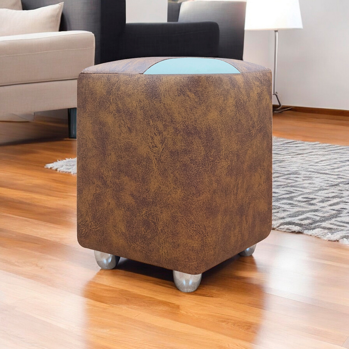Puff Decorativo Quadrado Para Sala Penteadeira Urban Tecido Corino Peroba e Bege