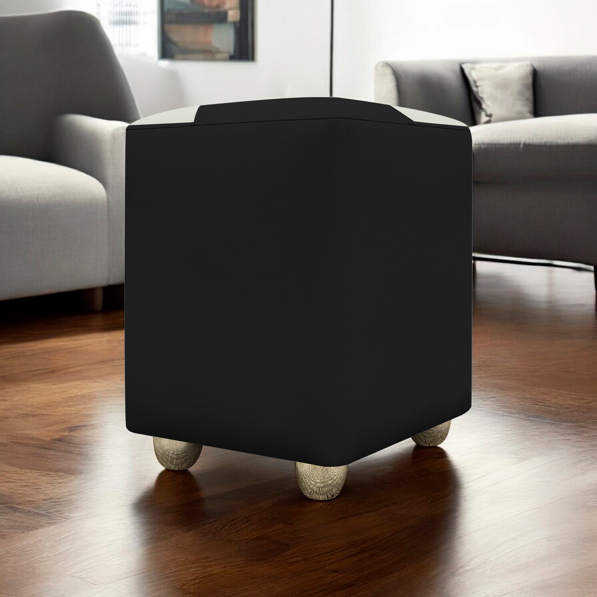 Puff Decorativo Quadrado Para Sala Penteadeira Urban Tecido Corino Preto e Bege
