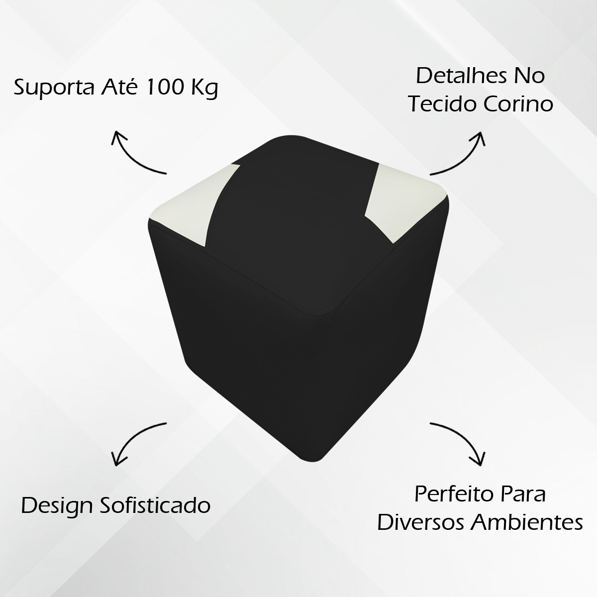 Puff Decorativo Quadrado Para Sala Penteadeira Urban Tecido Corino Preto e Bege