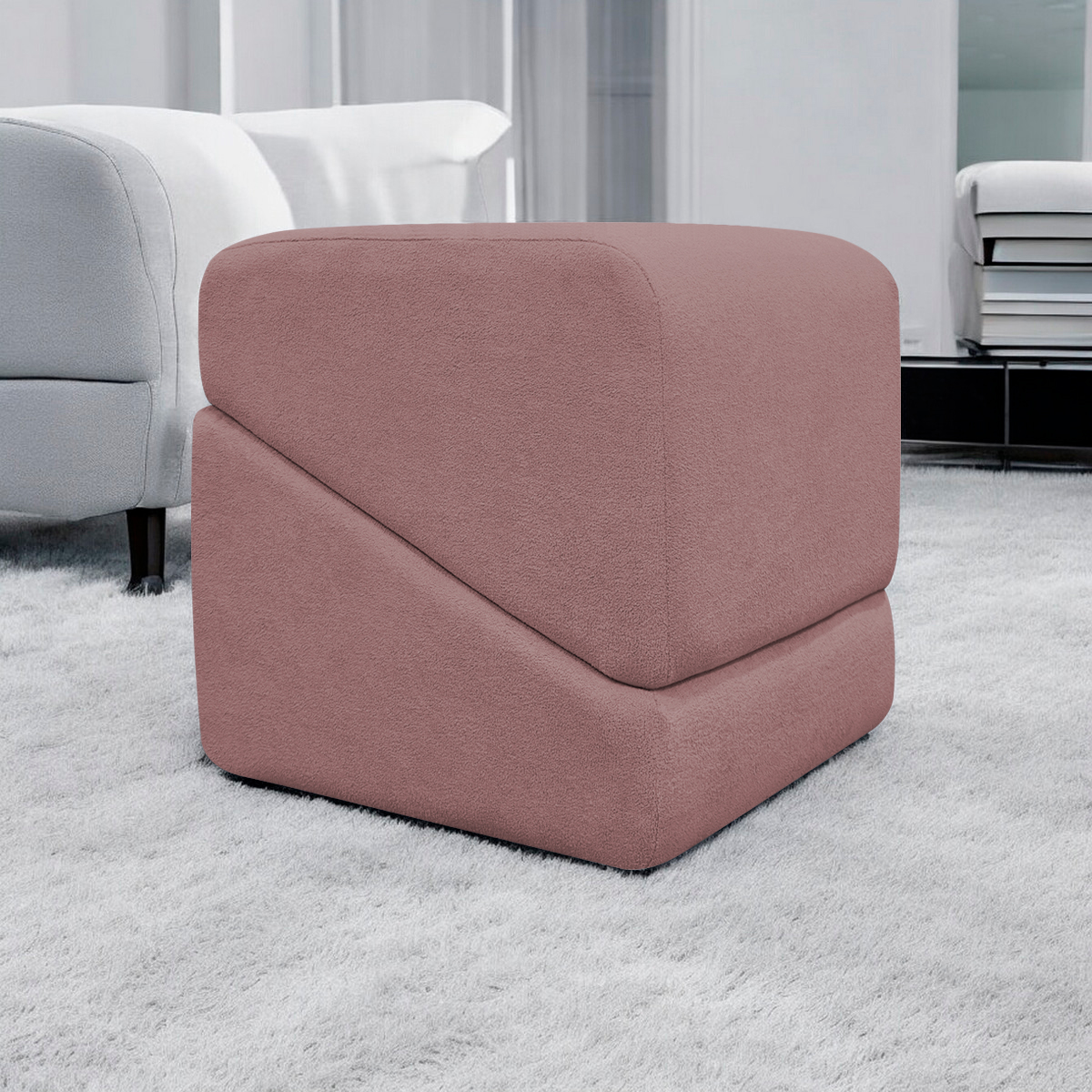 Puff Decorativo Quadrado Para Sala Quarto Penteadeira Sense Boucle Rosê