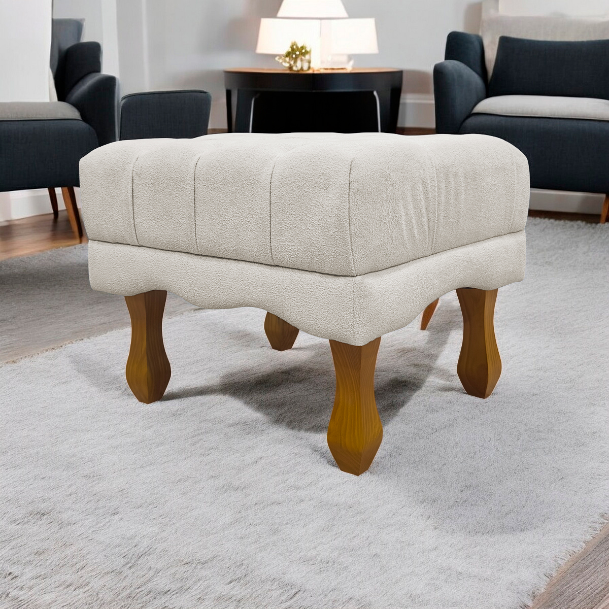 Puff Decorativo Retangular Para Sala Quarto Penteadeira Duque Luxo Bouclé Capitonê Bege