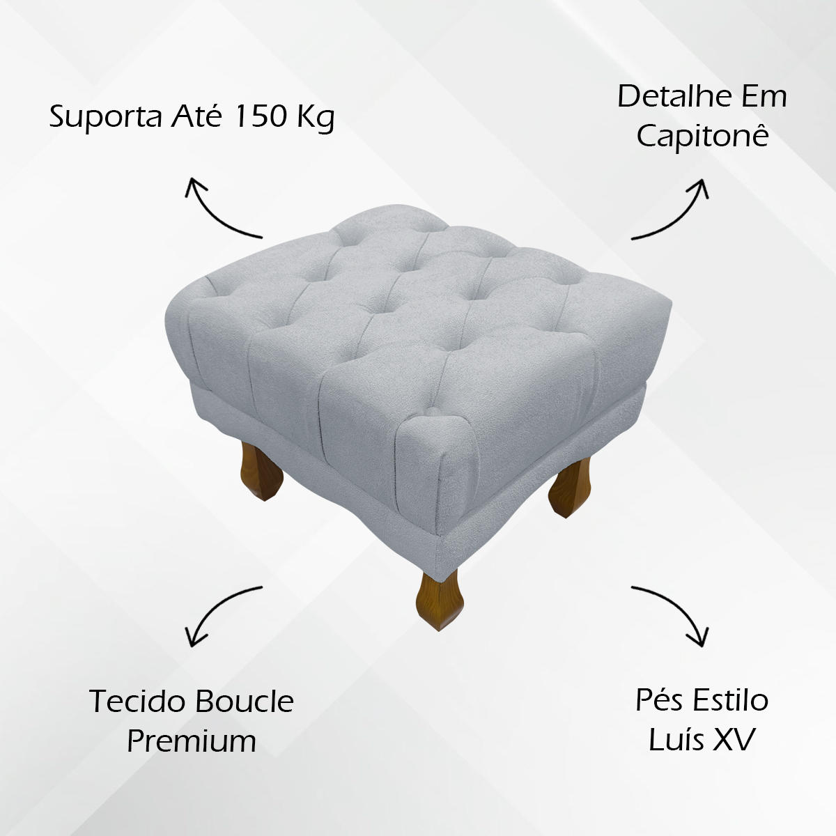 Puff Decorativo Retangular Para Sala Quarto Penteadeira Duque Luxo Bouclé Capitonê Cinza