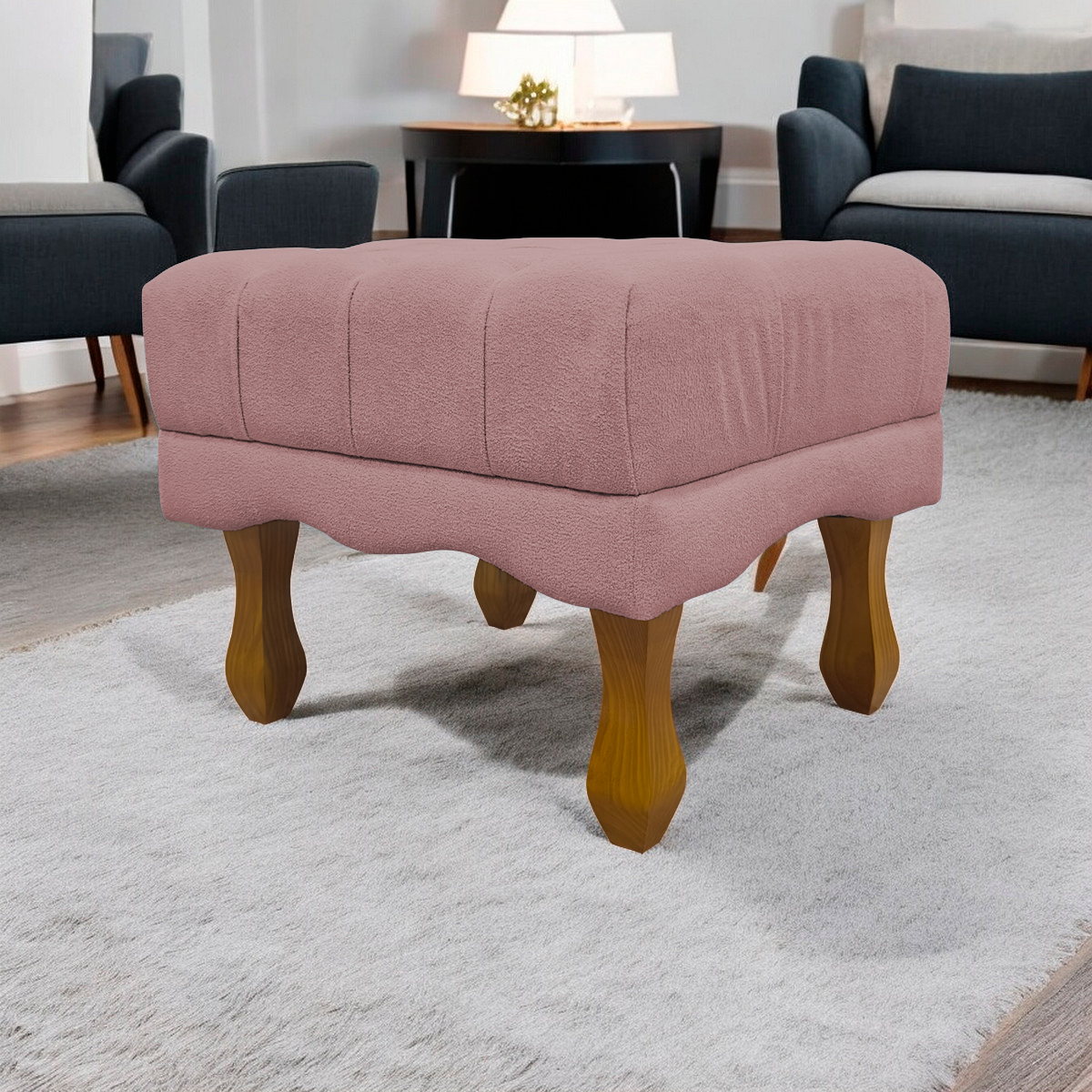 Puff Decorativo Retangular Para Sala Quarto Penteadeira Duque Luxo Bouclé Capitonê Rosê