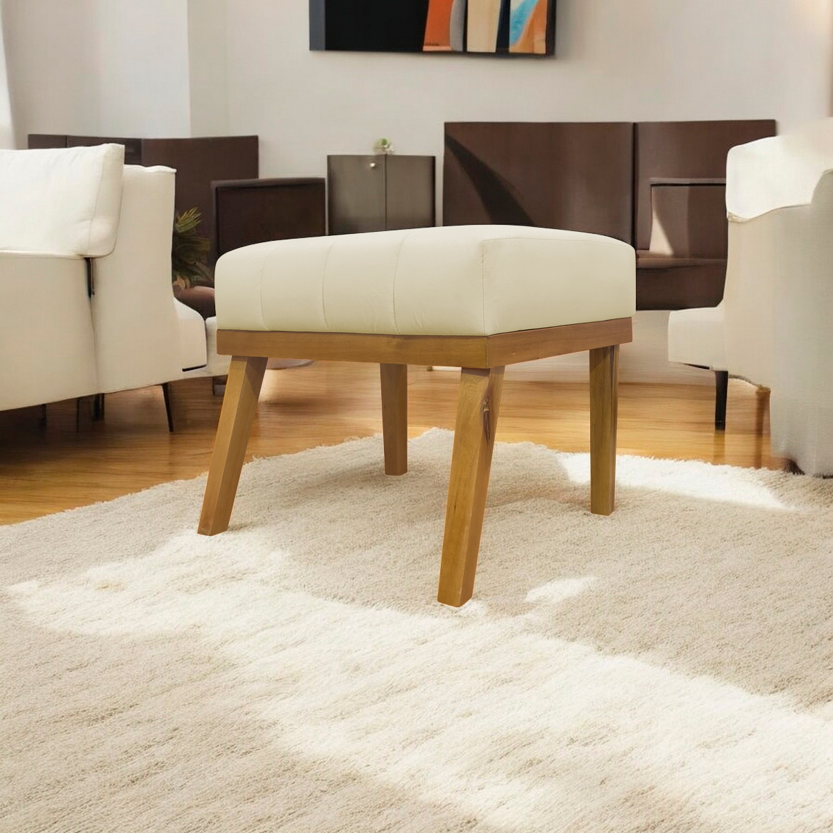 Puff Decorativo Retangular Para Sala Quarto Penteadeira Firenze Corino Bege