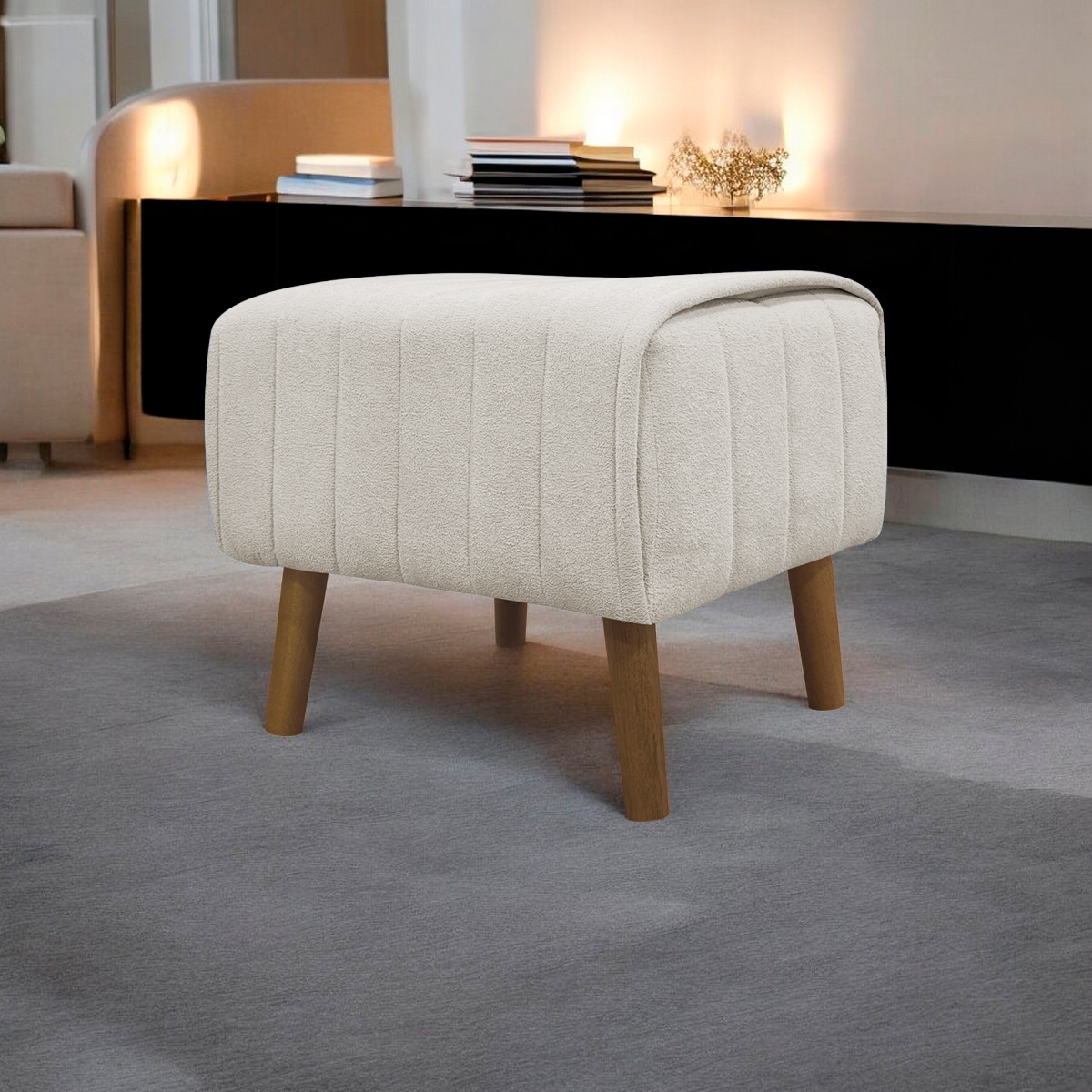 Puff Decorativo Retangular Para Sala Quarto Penteadeira Verso Bouclé Bege