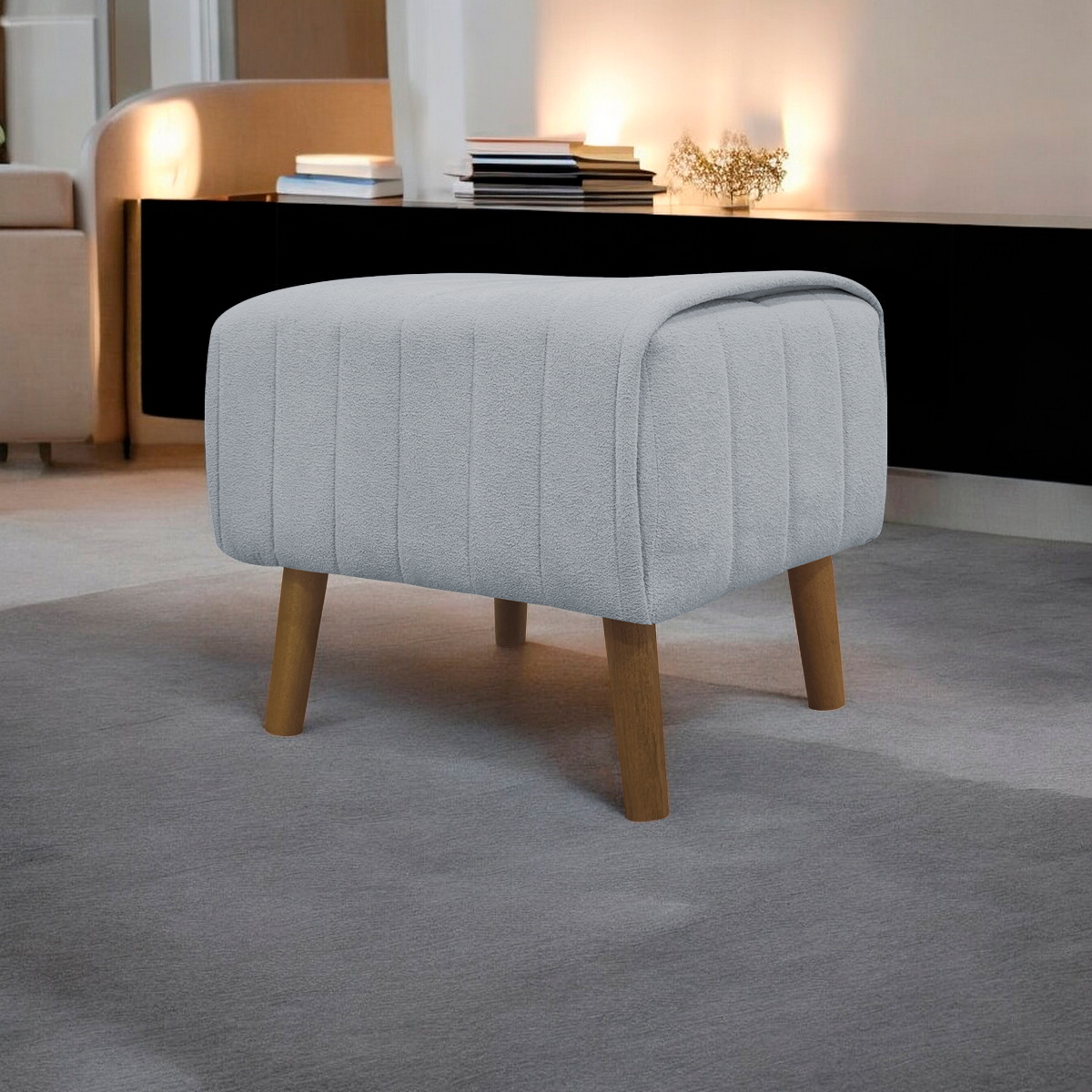 Puff Decorativo Retangular Para Sala Quarto Penteaderia Verso Bouclé Cinza