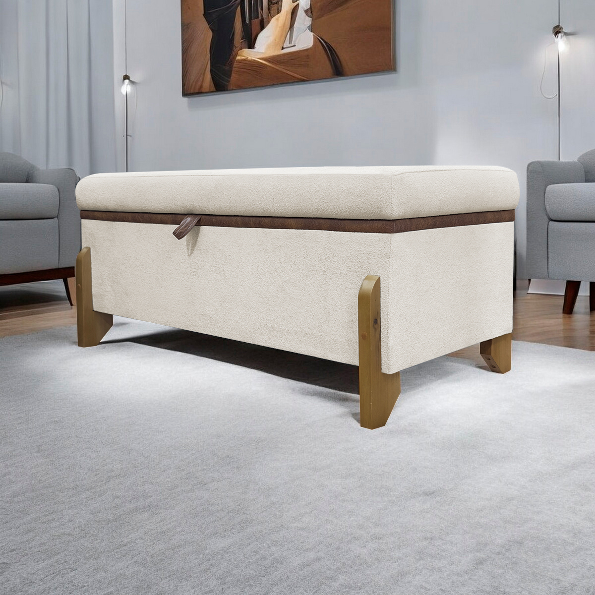 Puff Recamier Baú Para Sala Quarto Cama Queen 150 cm Versallies Boucle Bege