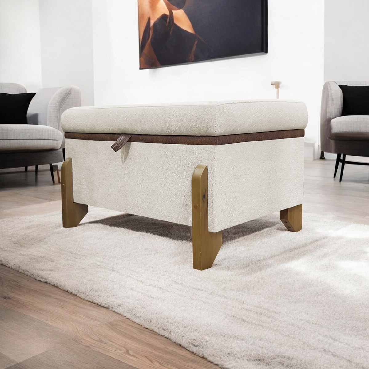 Puff Recamier Baú Para Sala Quarto Cama Solteiro 50 cm Versallies Boucle Bege