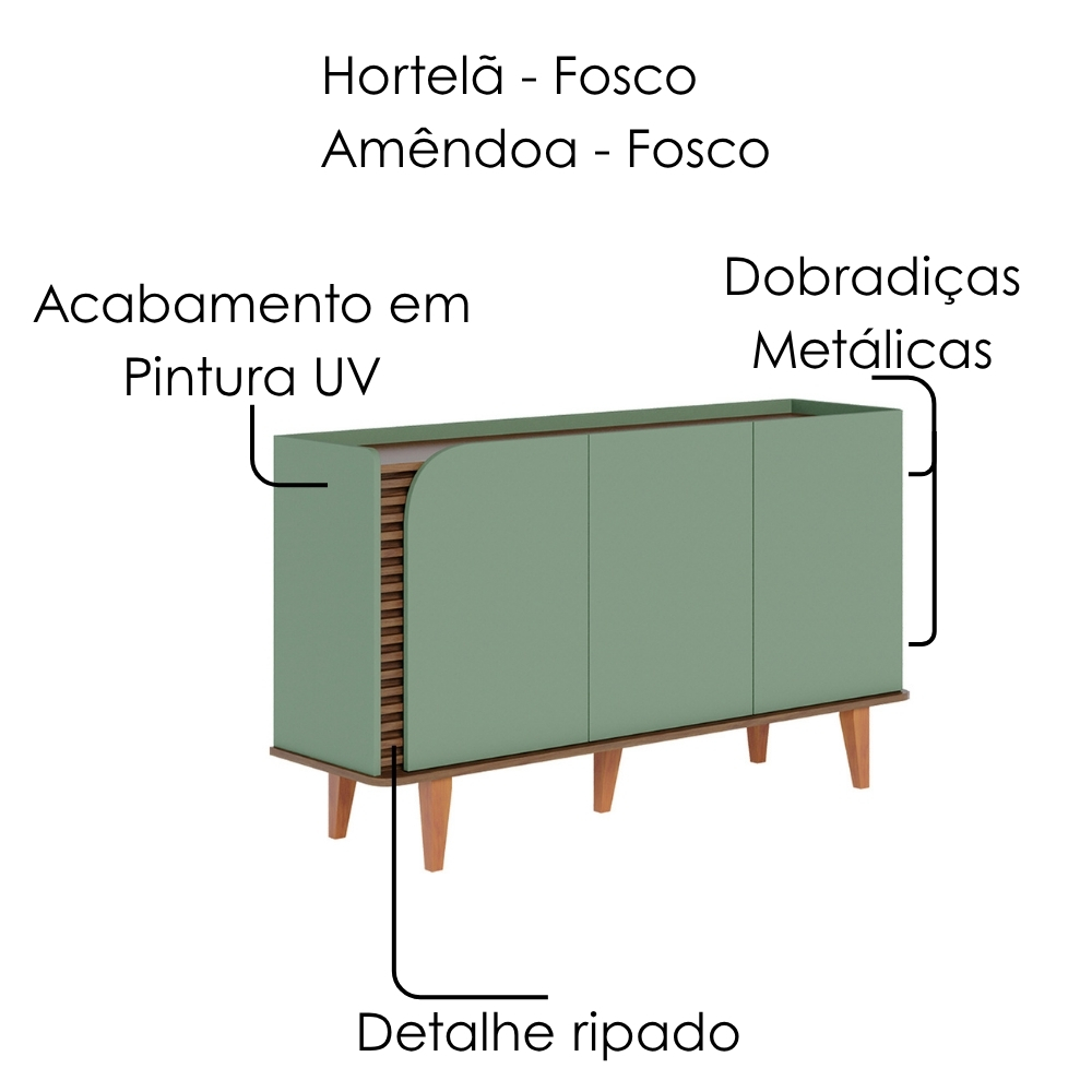Balcão Aparador Buffet 3 Portas 136 cm Jurere Hortela Amendoa Colibri