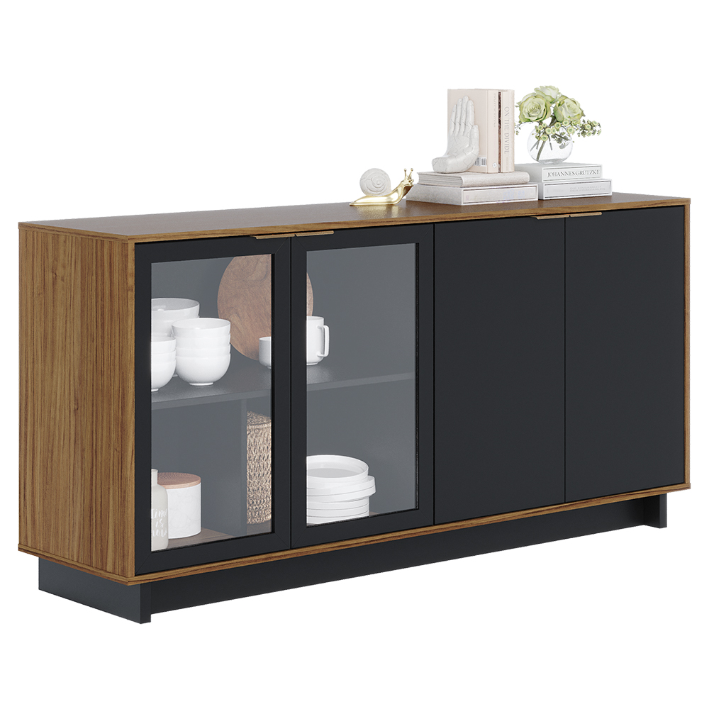 Balcao Aparador Buffet 4 Portas 160 cm Vitoria Noce Milano Preto Colibri